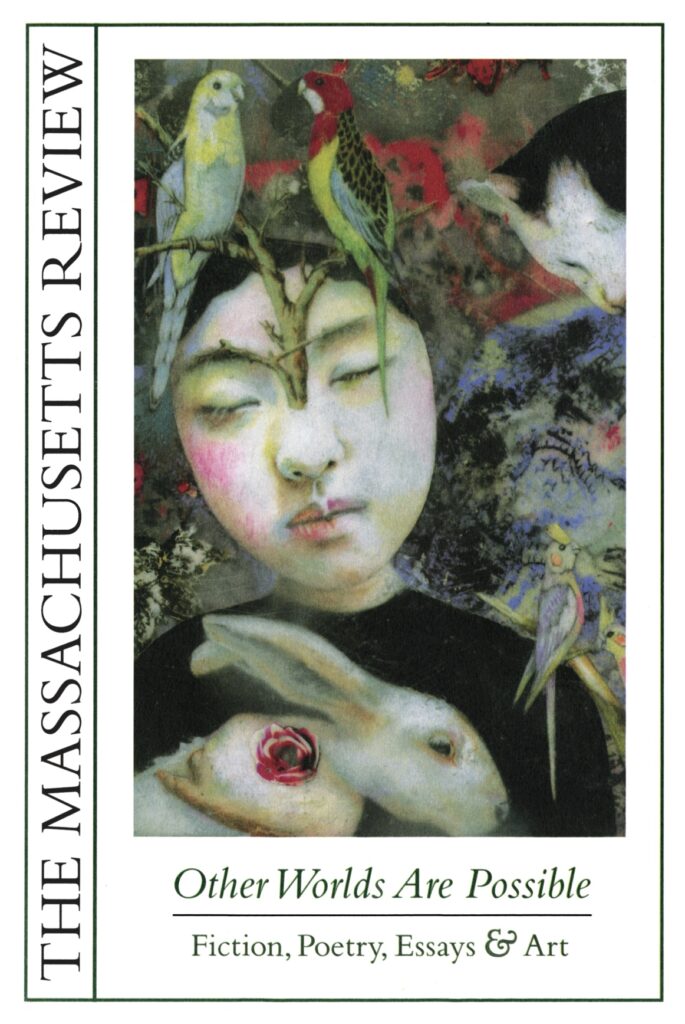 A cover of Massachusetts Review. features an ornate drawing of a person with their eyes closed, surrounded by birds, a rabbit, a kitten, and various plants and abstract designs.